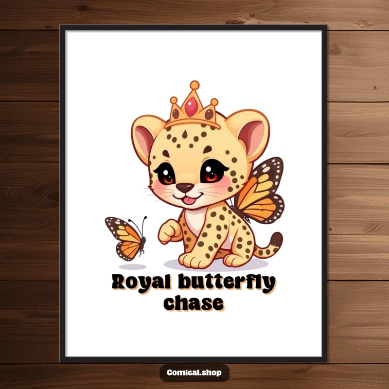 Funny cheetah cub wearing a tiara, playfully racing a butterfly, as a colorful poster, adding whimsy and humor, a great funny gift.