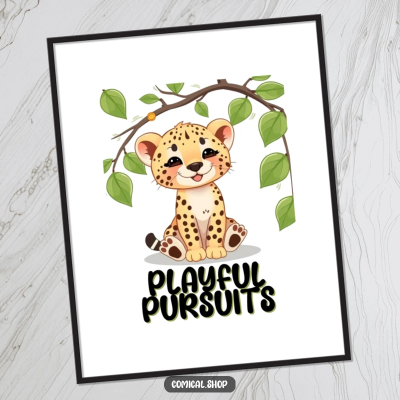 Funny cheetah cub poster depicting a joyful cub happily batting at a dangling jungle vine, a charming piece of art.