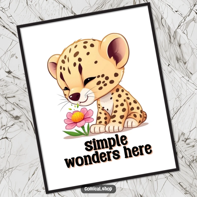 Funny cheetah cub wonder poster showing a cub curiously sniffing a flower, ideal for enchanting and humorous wall decor.