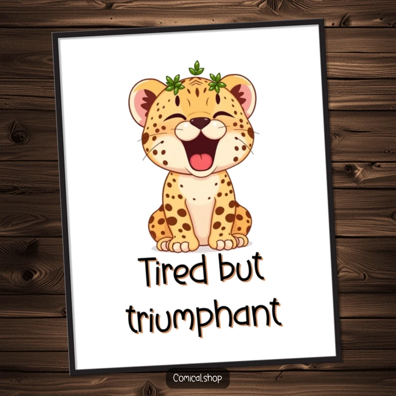 Funny Cheetah Cub Poster: A tiny crowned cheetah cub yawns with gusto, looking like a sleepy, victorious king.