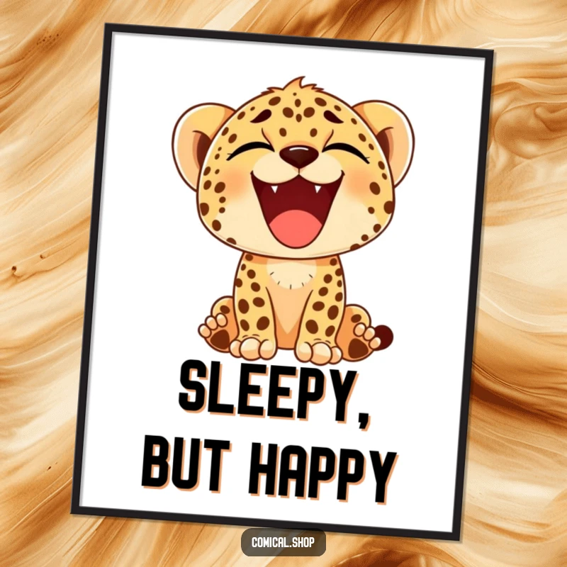 Funny poster capturing a cheetah cub's comically large, happy yawn, showcasing a moment of pure, uninhibited contentment and joy.