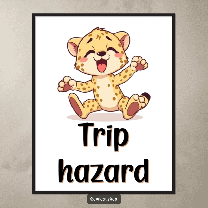 Funny cheetah poster of a surprised cheetah comically tripping over its paws, wall art for living rooms.