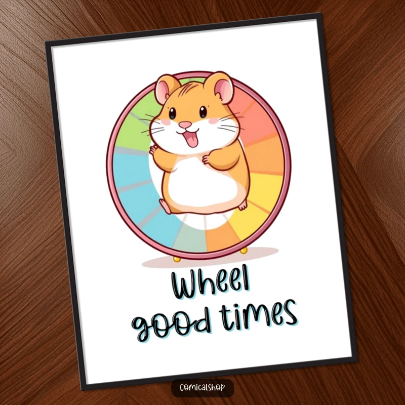 Funny poster print of an ecstatic hamster spinning rapidly on a rainbow wheel, conveying boundless energy.