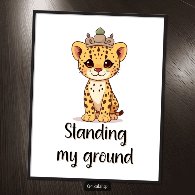 Funny proud cheetah cub adorned with a smooth stone crown, standing tall and majestic on this art poster.