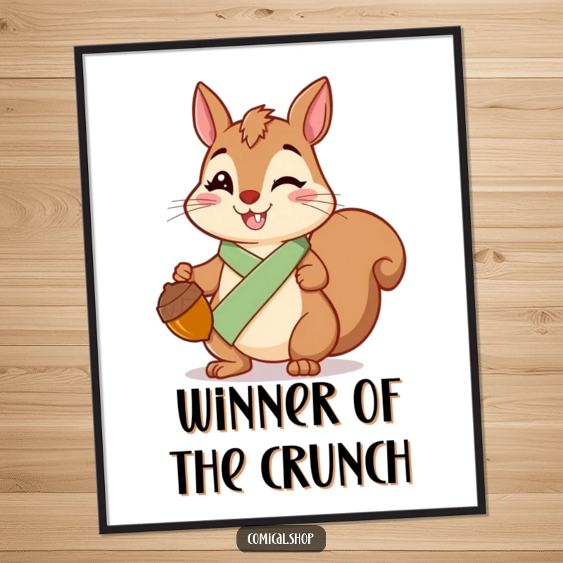 Funny Squirrel Sash Poster featuring a cheerful squirrel wearing a sash, holding a shiny acorn, looking proud and happy.