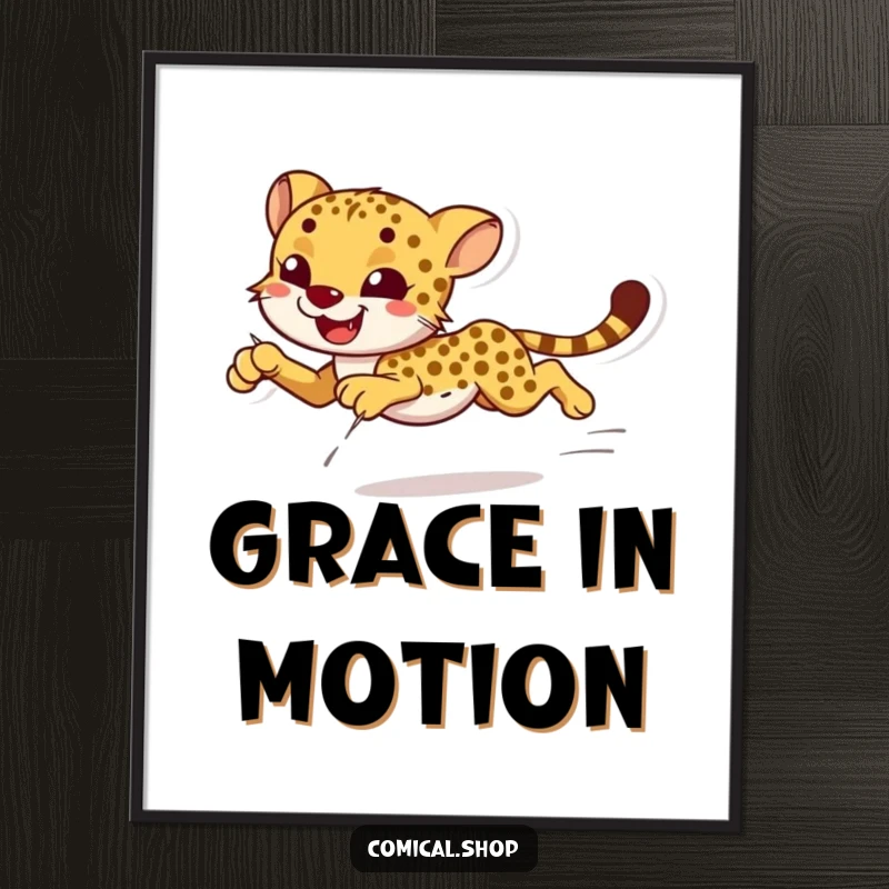 Funny smiling cheetah sprinting with effortless grace on a poster, great for wall art.