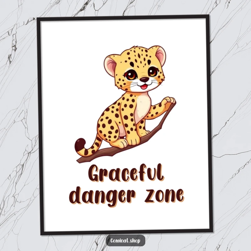 Funny Cheetah Cub Poster: A tiny cheetah cub demonstrates impressive balance and grace while perched on a thin branch.