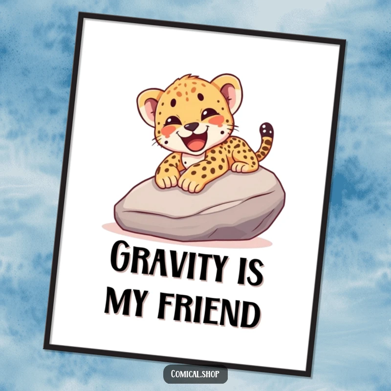 Funny poster capturing a cheetah cub mid-slide down a rock with a happy yelp, radiating pure adventure and youthful delight.