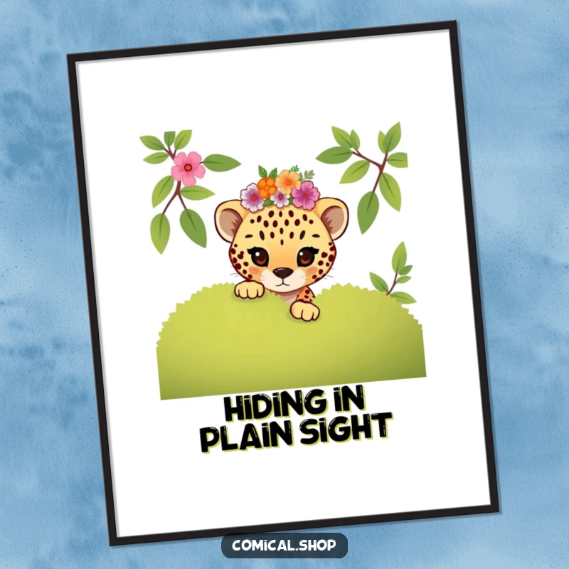Funny mischievous cheetah cub wearing a floral crown peeking from behind a bush on this playful art poster.