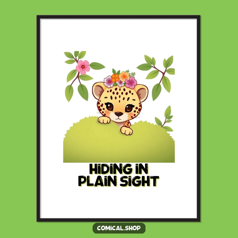Funny Mischievous Cheetah Cub Floral Poster: Playful Art Gift