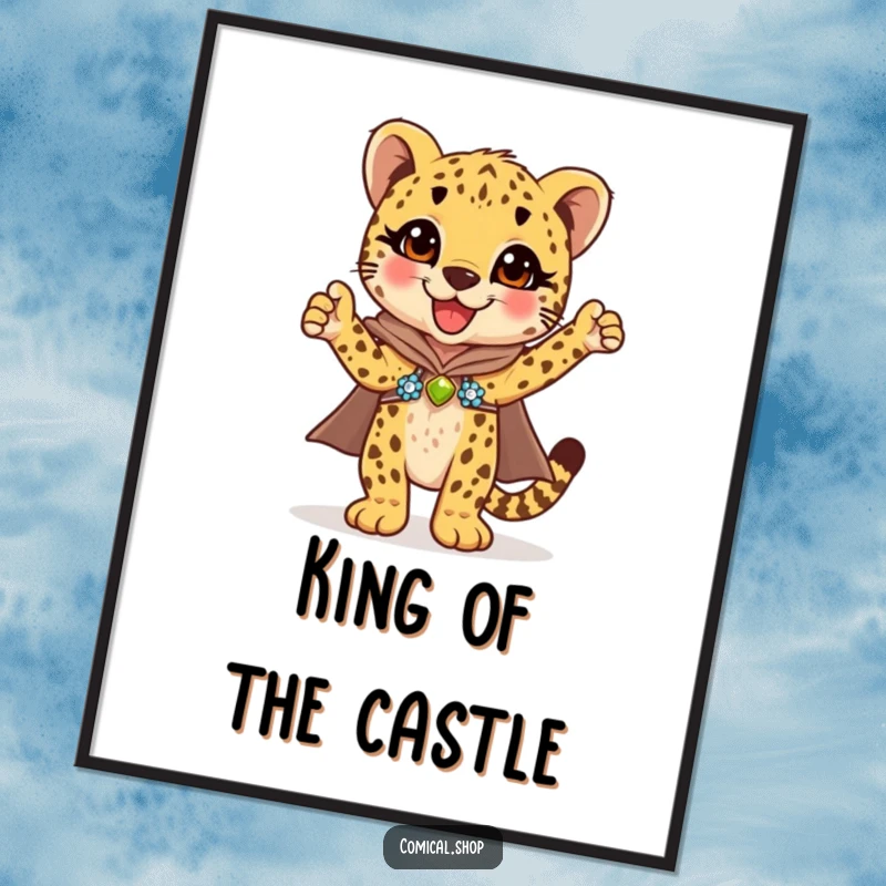 Funny cheetah cub in a dazzling sequined cape striking a triumphant pose, this art poster is a heroic gift.