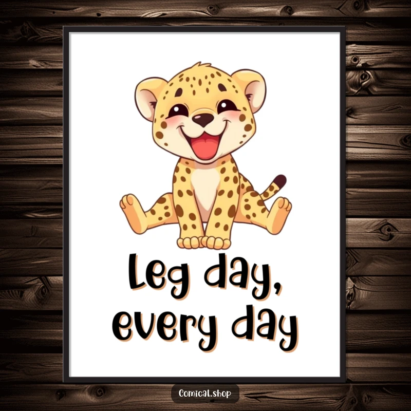 Funny cheetah cub poster featuring a grinning cub adorably stretching its long legs, radiating pure joy. Ideal wall decor gift.