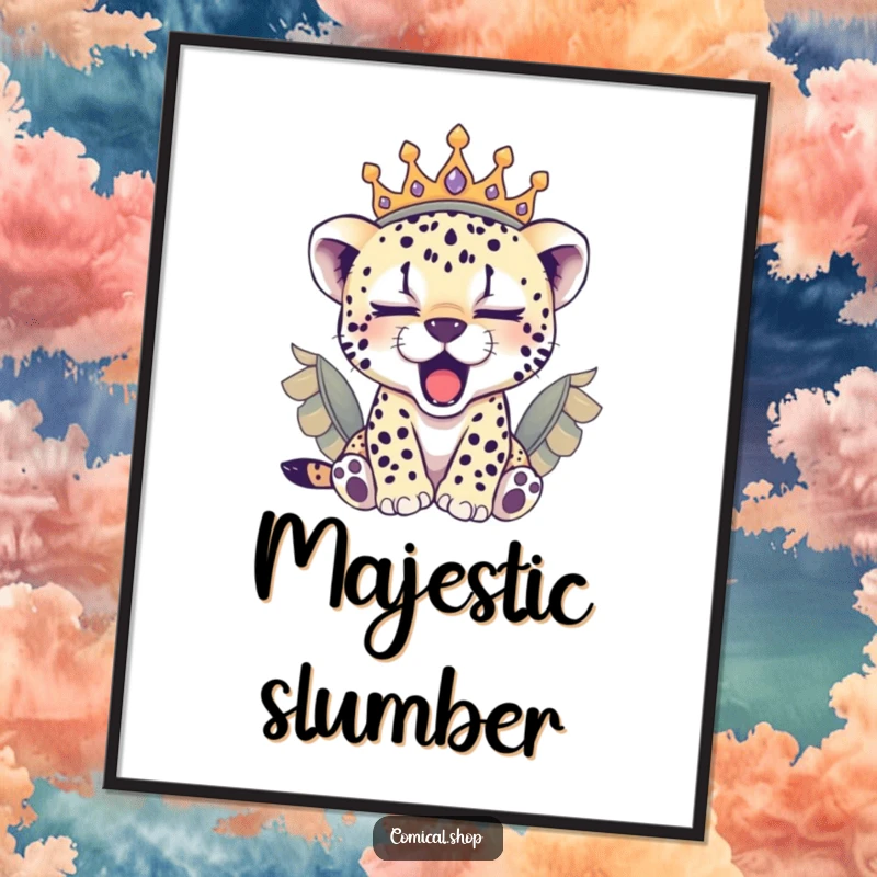 Funny sleepy cheetah cub wearing a feathered crown, yawning peacefully, this poster is a cozy gift.