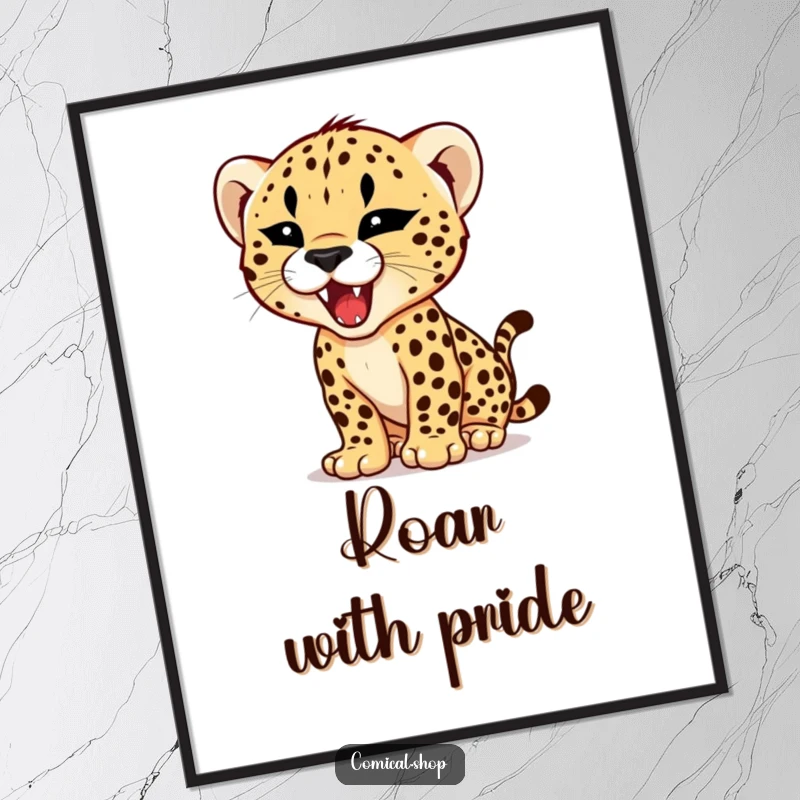 Funny poster depicting a cheetah cub attempting a roar with a tiny, fierce expression, radiating hilarious, adorable power.