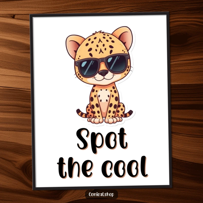 Funny kawaii cheetah wearing sunglasses, striking a cool pose on a poster, great for wall art.