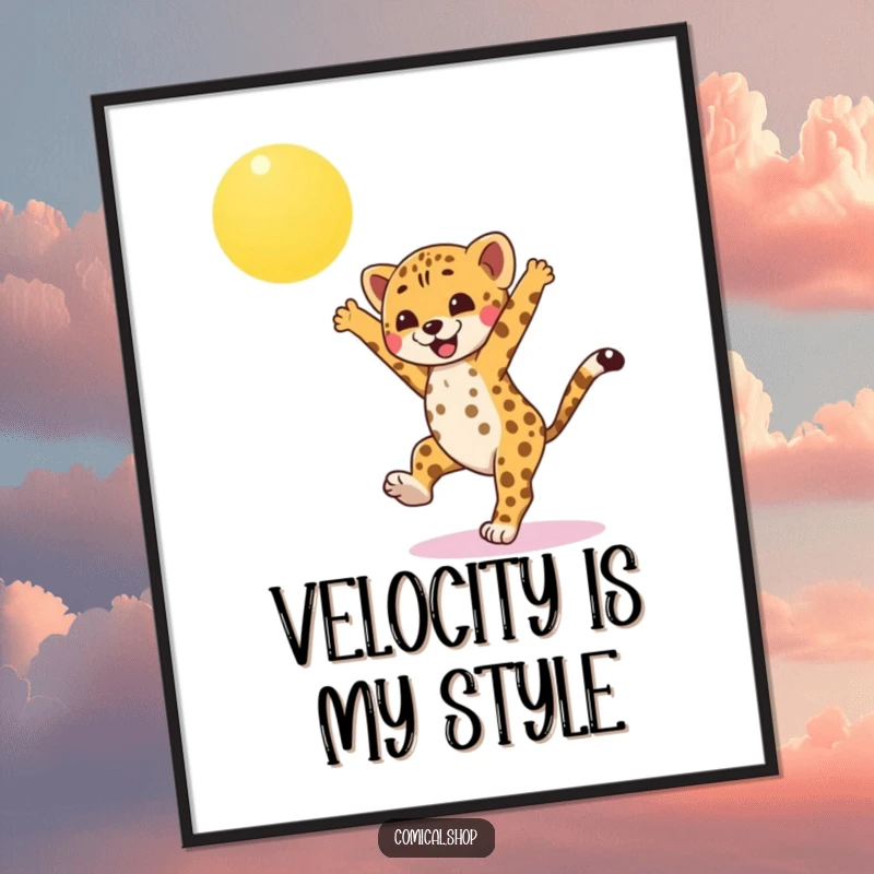Funny cheetah cub poster, captured mid-cartwheel under a radiant sun, showcasing athletic prowess and cheerful spirit, a great funny gift.