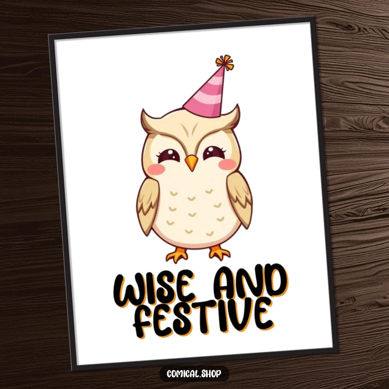 Funny poster of a cheerful owl wearing a tiny party hat, hooting with joy, ideal for festive wall decor.