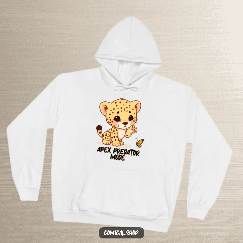 Funny hoodie depicting a cute cheetah cub poised mid-pounce, aiming for a tiny butterfly, capturing a moment of pure, comical hunting determination.