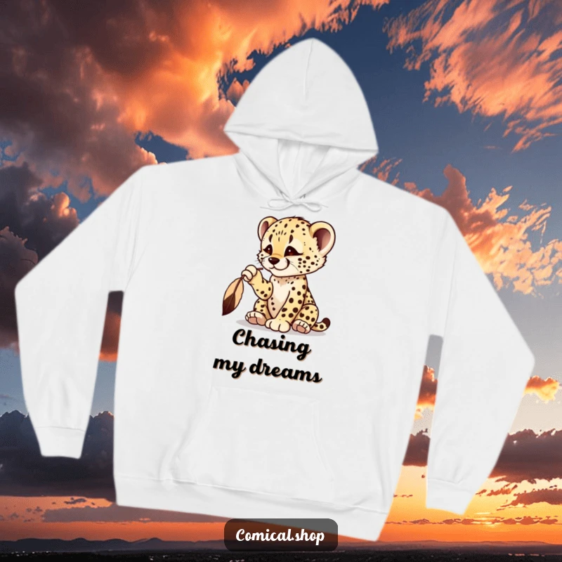 Funny cheetah cub hoodie featuring a playful cub batting at a dangling feather, ready for fun.