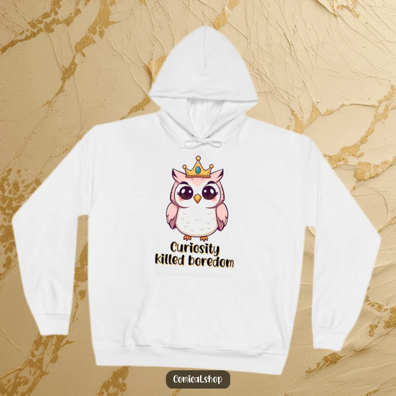 Funny Owl Crown Hoodie featuring a giggling owl wearing a small crown, peering curiously, perfect for cozy nights.