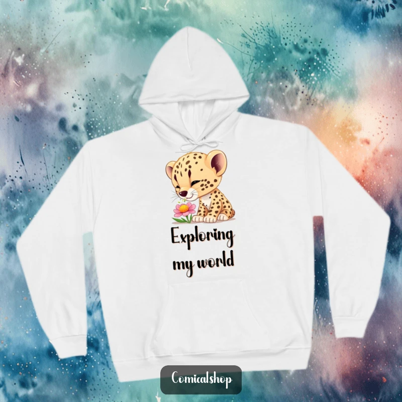 Funny cheetah cub wonder hoodie featuring a curious cub smelling a flower, perfect for cozy, humorous appreciation of nature.