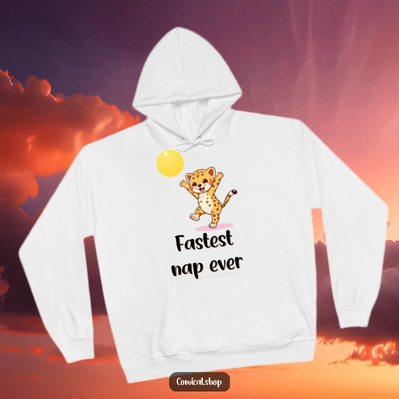 Funny cheetah cub hoodie, joyfully performing a cartwheel under a bright sun, radiating happiness and active fun, ideal for a funny gift.