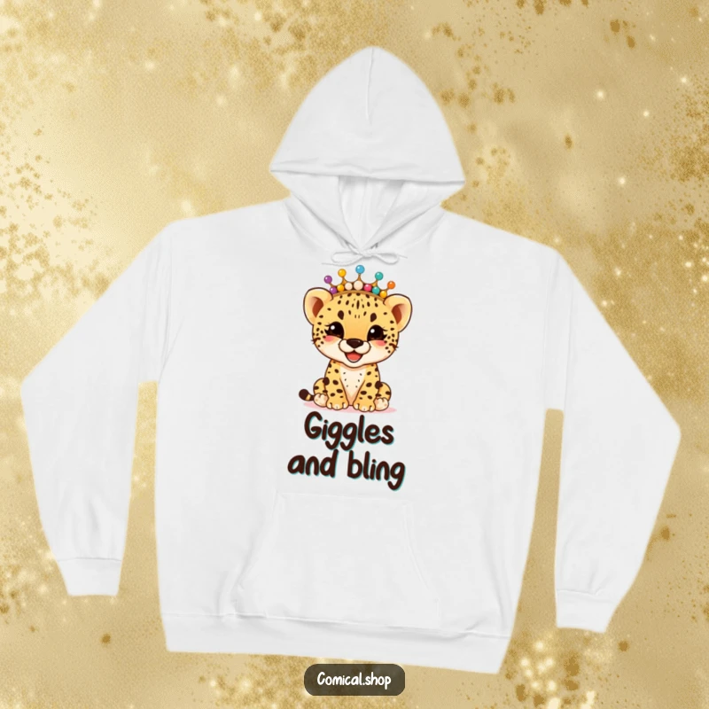 Funny giggling cheetah cub wearing a crown of colorful beads, on a warm hoodie, designed to bring smiles, a hilarious funny gift.