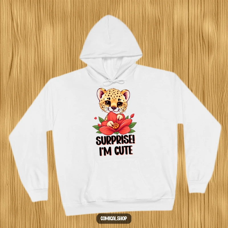 Funny hoodie depicting a cheetah cub playfully peeking from behind a large, bright red flower, exuding curiosity and sweetness.