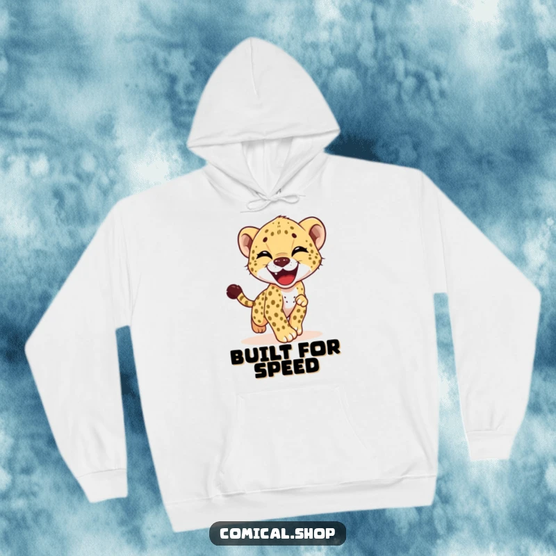 Funny hoodie depicting a happy cheetah cub in a comical chase after its own tail, showcasing pure, uninhibited bliss.