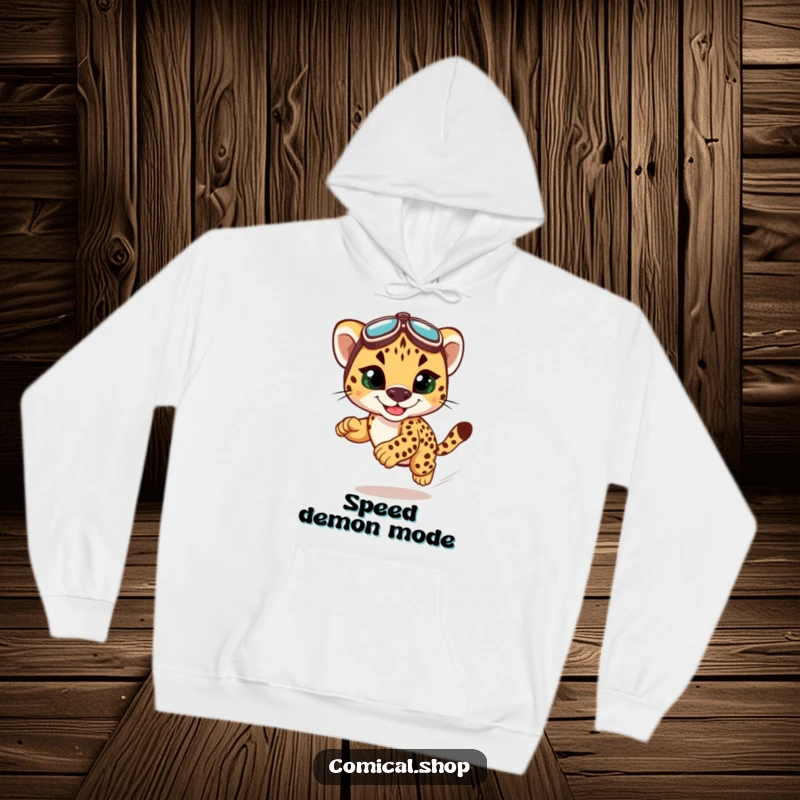 Funny cheetah cub racing hoodie featuring a speedy cub with goggles, ideal for cozy, humorous wear for speed lovers.
