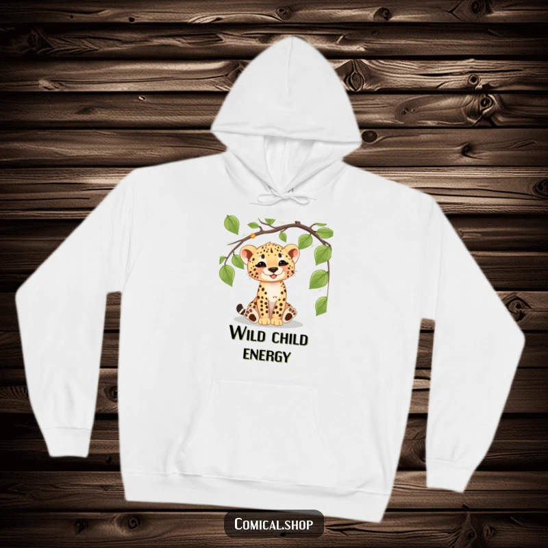 Funny cheetah cub hoodie showcasing a happy cub engrossed in batting a dangling vine, bringing jungle joy and warmth.