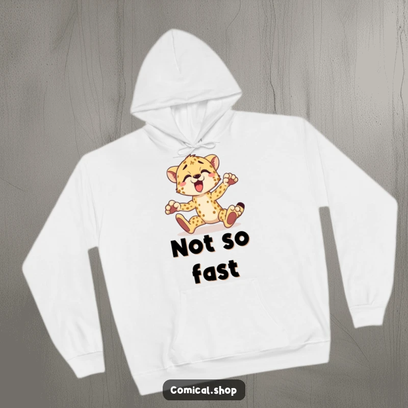 Funny cheetah hoodie showing a surprised cheetah tripping comically over its paws, ideal for comfort and humor.