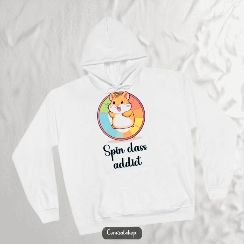 Funny hoodie depicting a happy hamster actively running on a brightly colored wheel, radiating pure motion and joy.