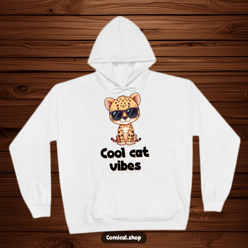 Funny kawaii cheetah wearing sunglasses, posing coolly on a hoodie, perfect for casual, stylish wear.