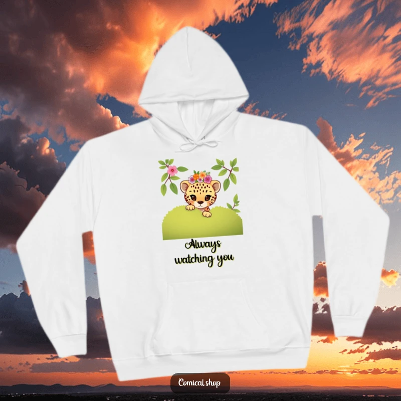 Funny mischievous cheetah cub in a floral crown peeking from behind a bush on this cozy hoodie.