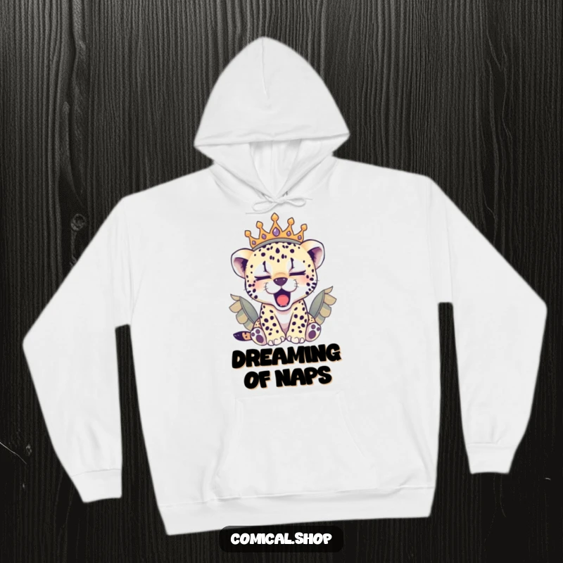 Funny sleepy cheetah cub wearing a regal feathered crown, yawning softly on this warm and cozy hoodie.