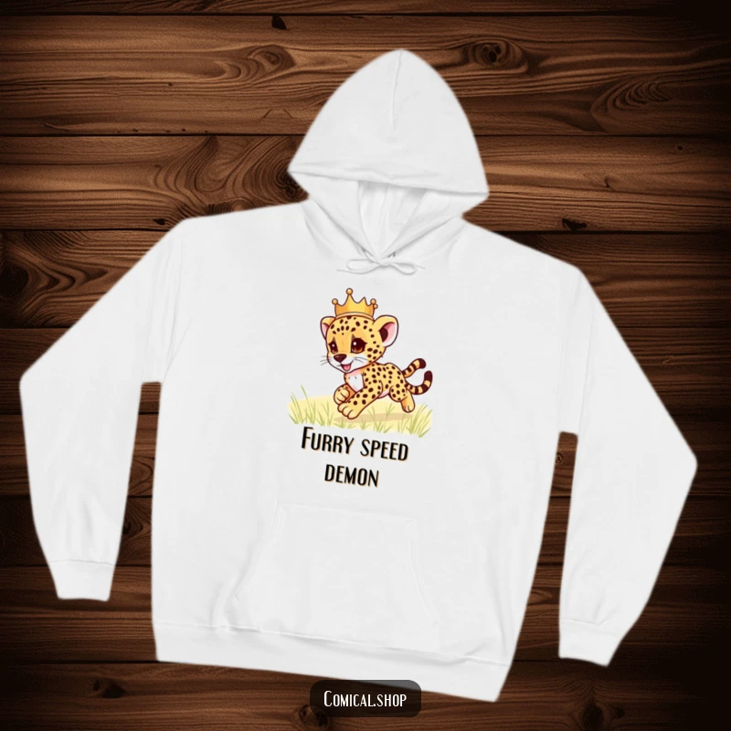 Funny cheetah cub wearing a crown, zooming playfully, on a warm hoodie, designed to bring smiles and laughs, a fantastic funny gift.
