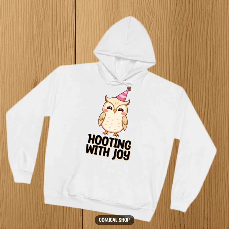 Funny hoodie showing a delightful owl wearing a mini party hat, happily hooting, embodying cozy celebration vibes.