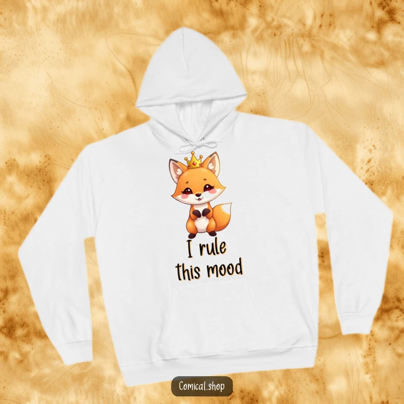 Funny Fox Hoodie featuring a cute fox wearing a tiny crown, striking a playful pose, perfect for staying warm and stylish.