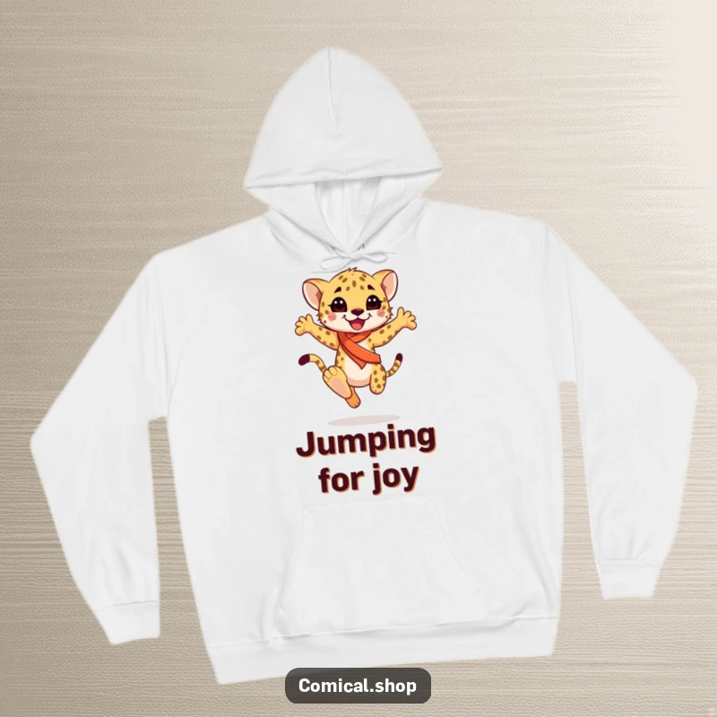 Funny happy cheetah cub wearing a sash, performing a graceful leap, on a warm hoodie, spreading joy, a hilarious funny gift.