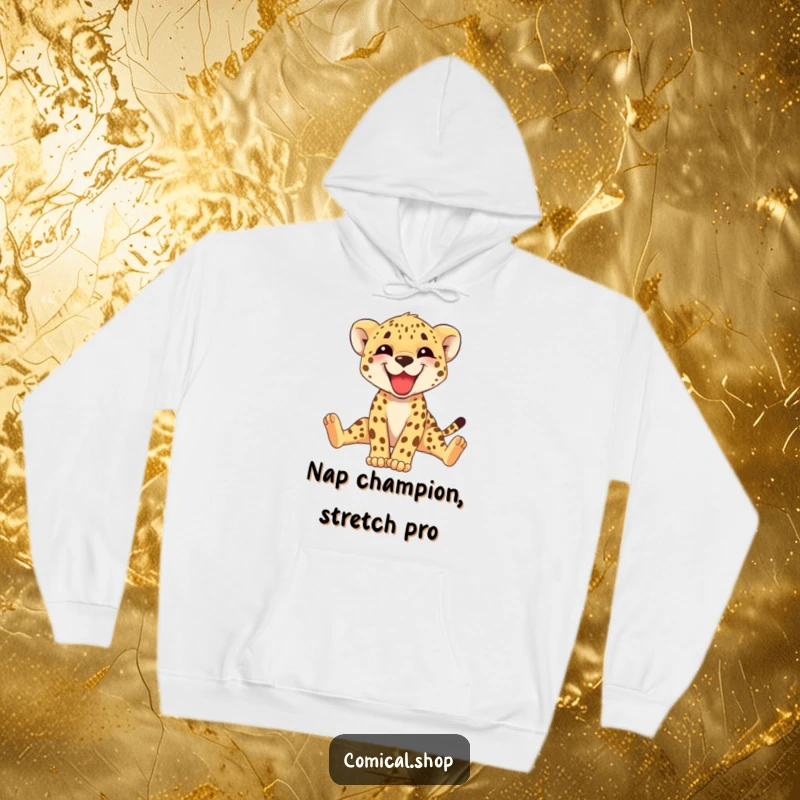 Funny cheetah cub hoodie, a happy cub grinning and stretching its long legs, embodying comfort and playful joy. Ideal gift.