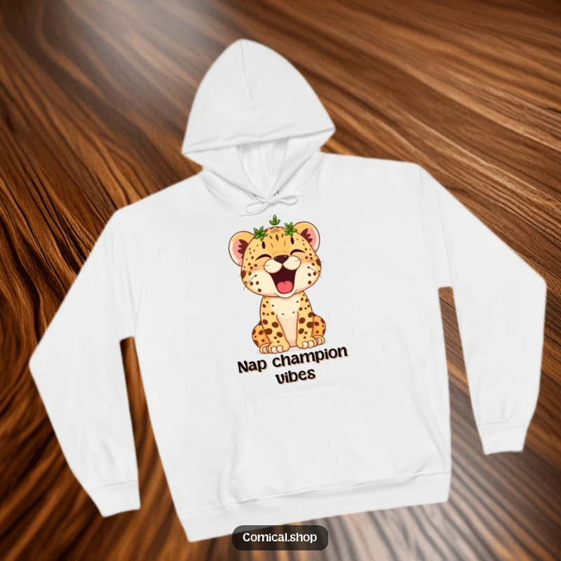 Funny Cheetah Cub Hoodie: A tiny crowned cub yawns adorably, embodying the peaceful exhaustion of a true champion.