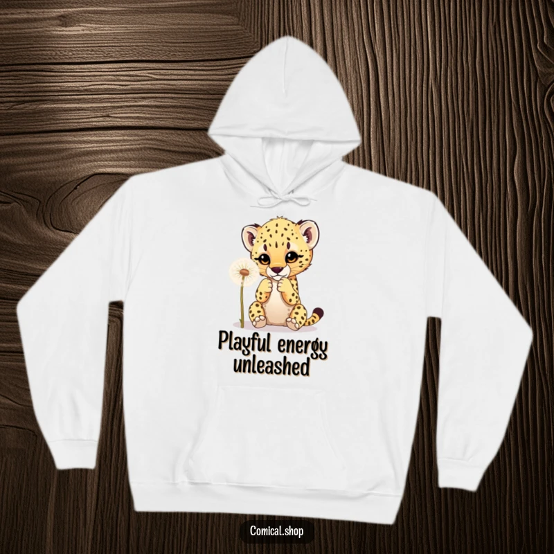 Funny hoodie depicting a cheetah cub playfully interacting with a dandelion, offering warmth and adorable charm.