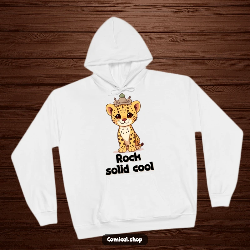 Funny proud cheetah cub wearing a durable stone crown, standing tall and majestic on this cozy hoodie.