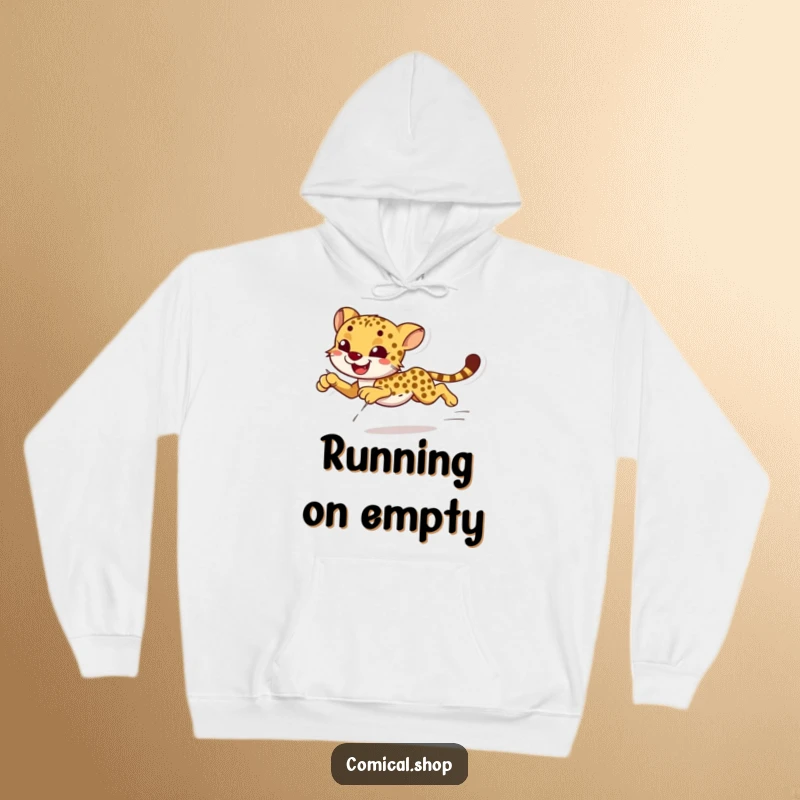 Funny smiling cheetah sprinting with effortless grace on a hoodie, perfect for cozy, active wear.