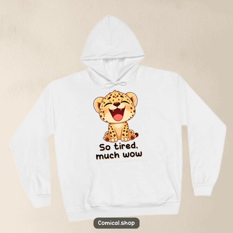 Funny hoodie showcasing a cheetah cub yawning widely, revealing a massive, joyful smile, perfect for cozy, happy moments.