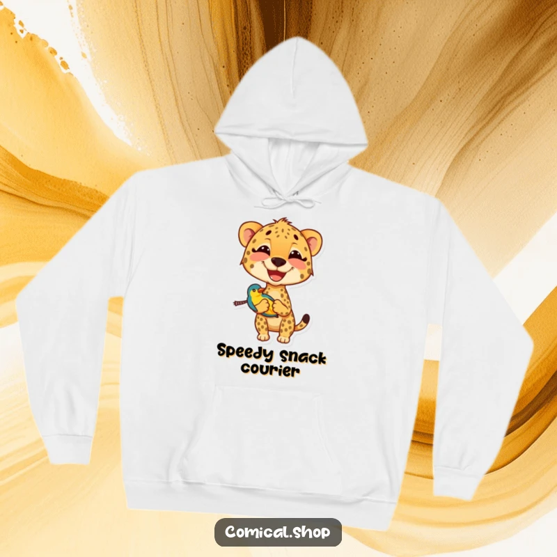 Funny cheetah hoodie depicting a joyful cheetah meticulously carrying a small, brightly hued bird, a unique and humorous design.