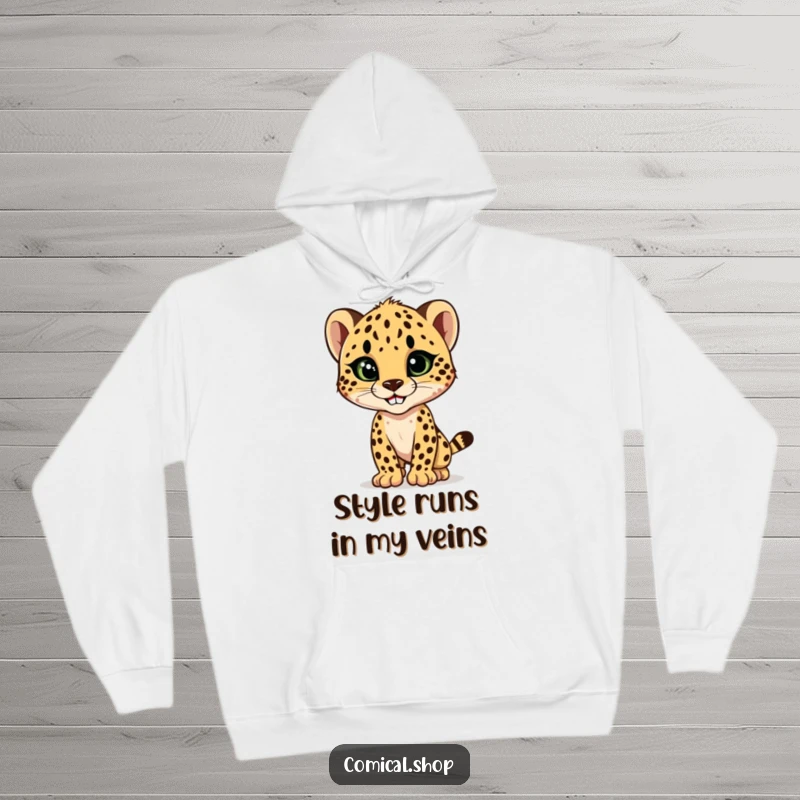 Funny cheetah cub striking a sleek, stylish pose with a confident grin, a cozy and humorous design on a warm hoodie.