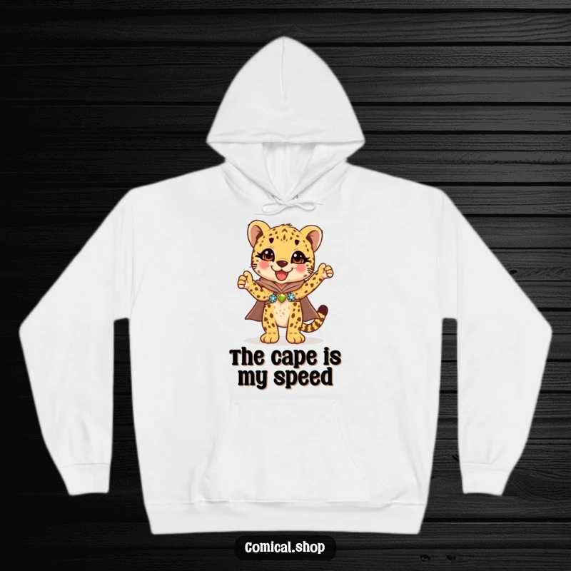 Funny cheetah cub in a brilliant sequined cape striking a confident pose, embodying pure delight on this cozy hoodie.