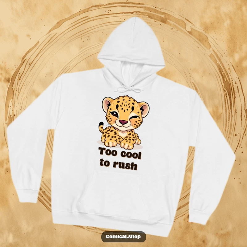 Funny cheetah cub hoodie featuring a relaxed cub giving a playful wink while stretching, offering cozy cool cat vibes.